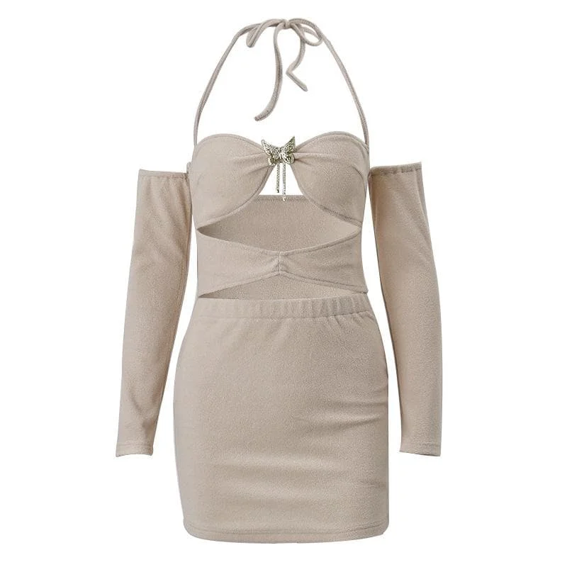 Hollow out halter solid long sleeve backless butterfly applique cut out mini dress - Final Sale Trendy Mini Dress with Belt Hollow out halter solid long sleeve backless butterfly applique cut out mini dress - Final Sale Trendy Mini Dress with Belt