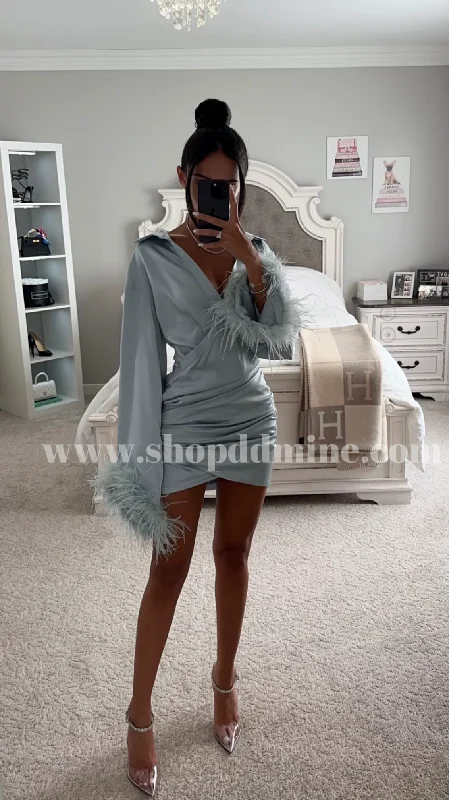 JENNA PALE BLUE LONG SLEEVE FEATHER ROBE MINI DRESS Trendy Off-Shoulder Dress Mini