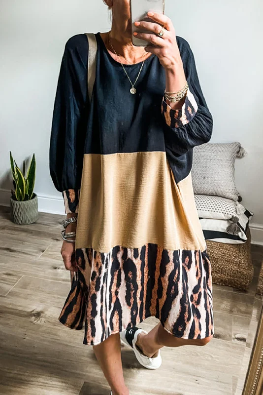 Khaki Printed Tiger Stripe Colorblock Bishop Sleeve Mini Dress Stylish Spaghetti Strap Mini Dress