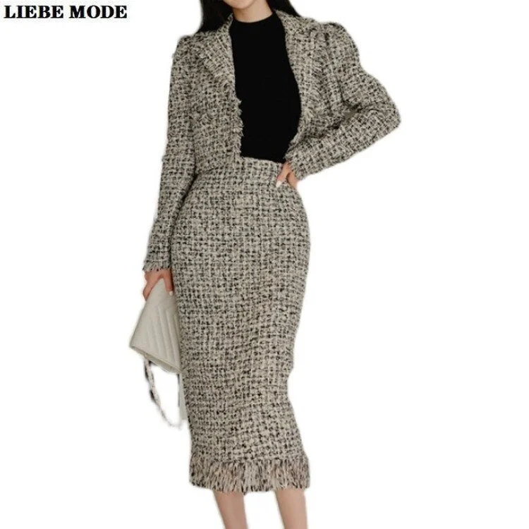 Korean Formal Coat and Skirts Suit for Women Tweed Crop Jacket Midi Calf Length Skirt 2 Piece Set Womens Suits Blazer with Skirt Striped Jacket Polka Dot Jacket Floral Jacket