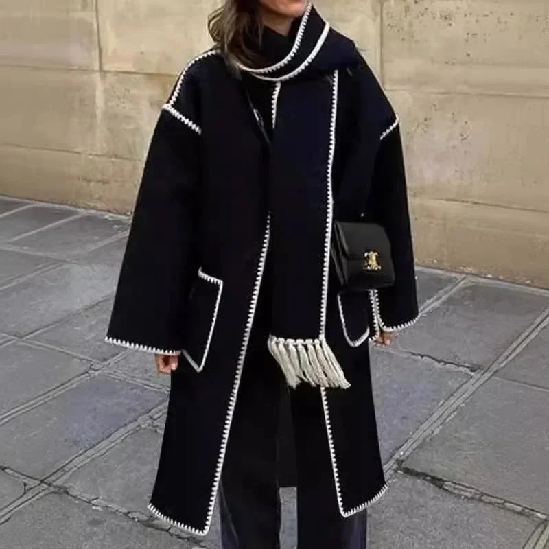 Laura Long Oversized Woolen Jacket with Scarf Ribbed Jacket Pleated Jacket Ruffled Jacket