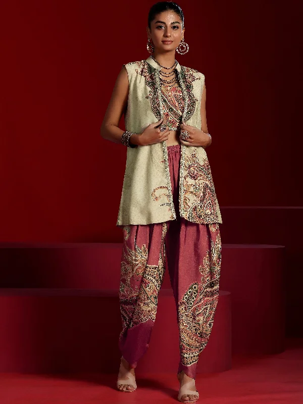 Libas Art Brown Printed Silk Blend Co-Ords With Jacket Lace Jacket Ribbed Jacket Sequined Jacket