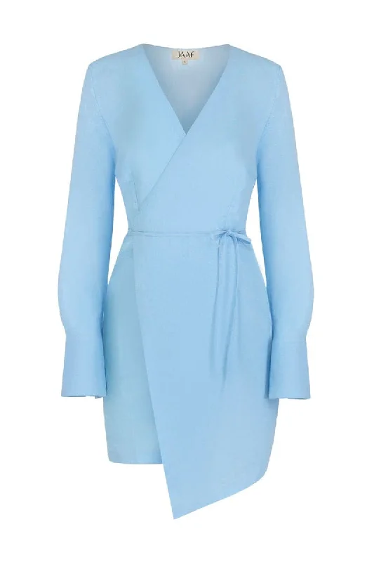 LIGHT BLUE LINEN-BLEND WRAP MINI DRESS Fashionable Mini Dress with Slits
