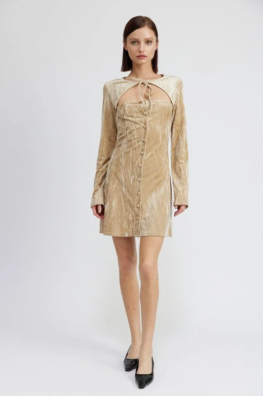 LONG SLEEVE MINI SUEDE MINI DRESS Elegant Mini Dress with Ruffles