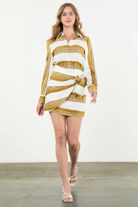 Long Sleeve Striped Mini Dress Trendy Wraparound Mini Dress