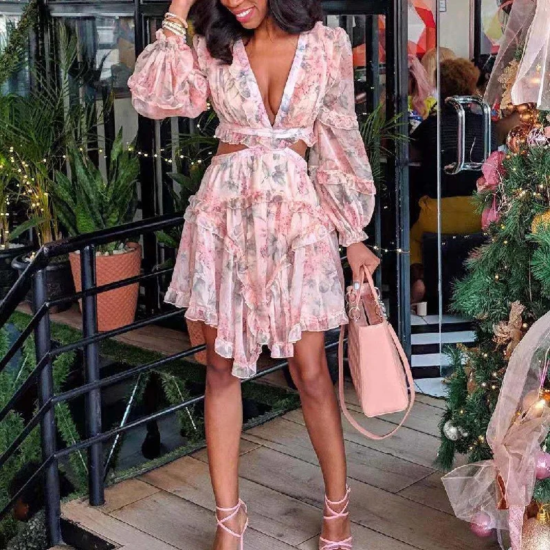 Women Pink Chiffon Short Mini Dresses Comfortable One-Shoulder Mini Dress