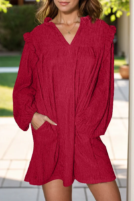 Blue Zone Planet |  Notched Long Sleeve Mini Dress Chic Puff Sleeve Mini Dress