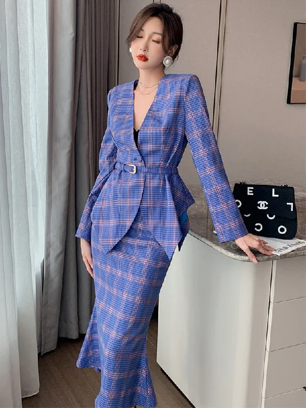 OL Office Lady 2 Piece Suits Plaid V-neck Single Breasted Slim Jacket Sashes Midi Trumpet Skirt Women Sets English Style Chenille Jacket Brocade Jacket Lace Jacket