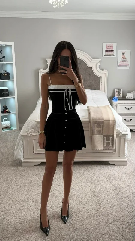 OLIA BLACK AND WHITE VELVET MINI DRESS Trendy Mesh Mini Dress