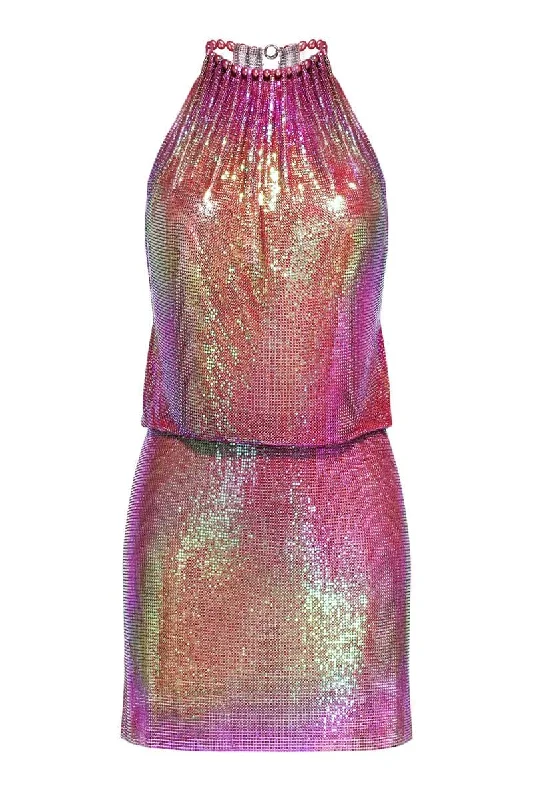 OLYMPIA PINK IRIDESCENT MESH MINI DRESS Cozy Wraparound Mini Dress