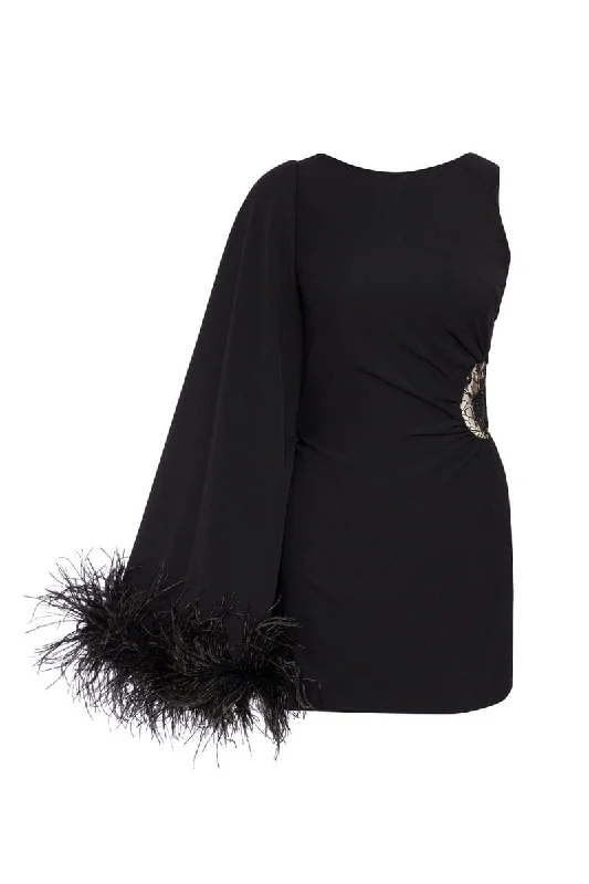 ONE-SHOULDER FEATHER-TRIMMED LACE MINI DRESS Comfortable Casual Mini Dress