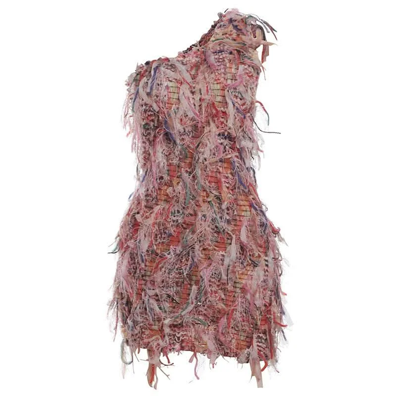 One shoulder irregular tassels contrast mini dress Trendy Tulle Mini Dress