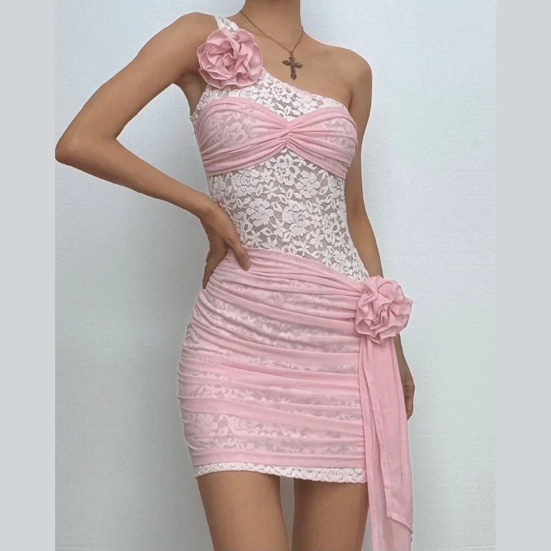 One shoulder lace mesh flower applique mini dress Classic Striped Mini Dress