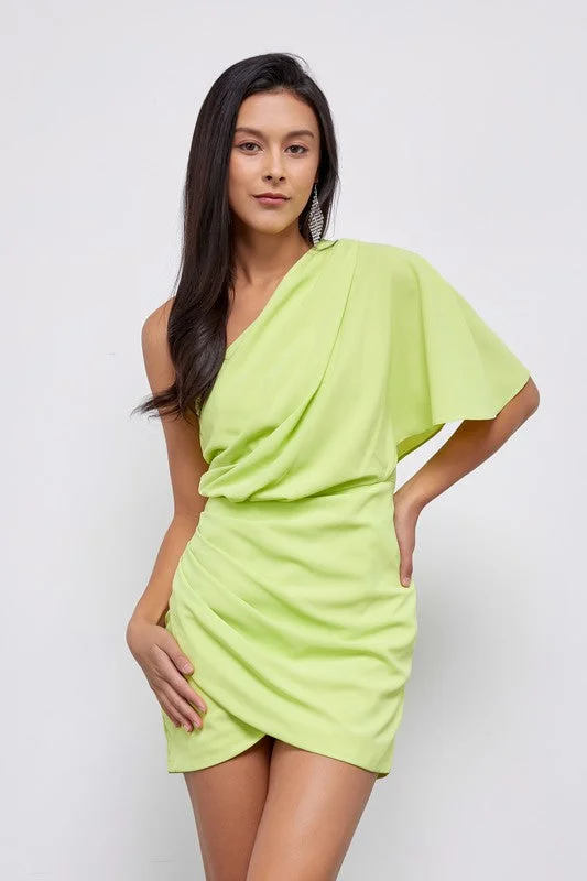 ONE SHOULDER WRAP MINI DRESS Casual Mini Dress with Pockets