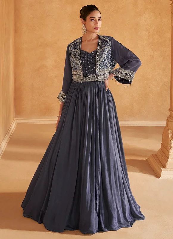 Pansy Blue Embroidered Designer Gown With Jacket Rayon Fabric Velvet Fabric Corduroy Fabric Pansy Blue Embroidered Designer Gown With Jacket Rayon Fabric Velvet Fabric Corduroy Fabric