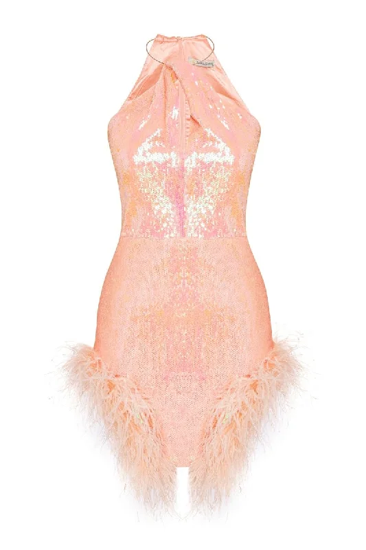 PEACH FEATHER-TRIMMED HALTER NECK MINI DRESS Comfortable Off-Shoulder Mini Dress
