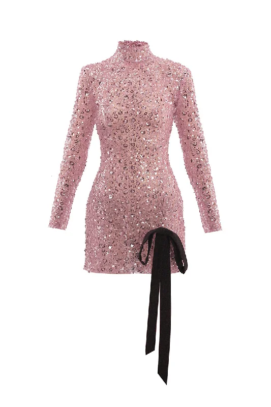 PINK FLOWER EMBROIDERED BOW MINI DRESS Classic Floral Mini Dress