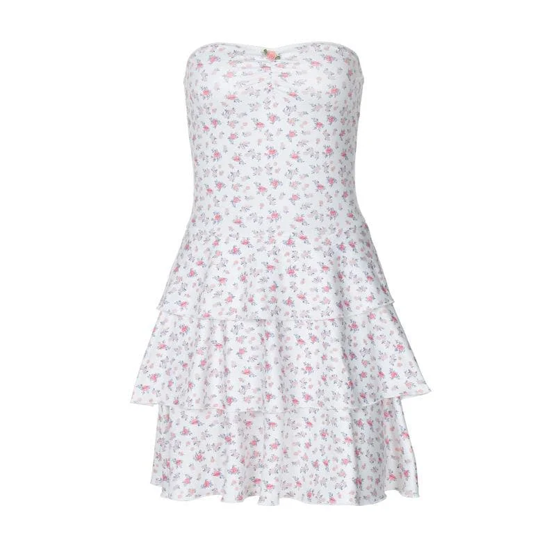 Print sweetheart neck rose applique ruched tube mini dress Fashionable Denim Mini Dress