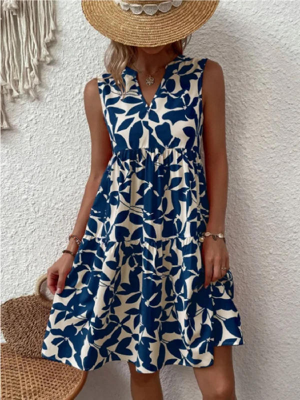Printed Notched Sleeveless Mini Dress Chic Bohemian Mini Dress