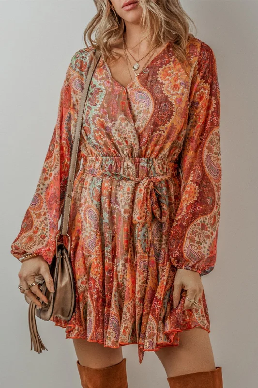 Blue Zone Planet |  Printed Surplice Long Sleeve Mini Dress Fashionable Mini Dress with Slits
