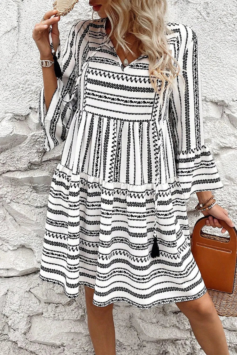 Printed Tie Neck Three-Quarter Sleeve Mini Dress Comfortable Casual Mini Dress
