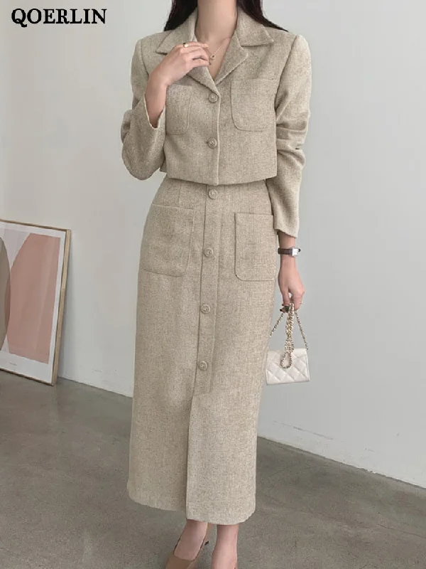 QOERLIN Elegant Tweed Two-Piece Skirts and Blazer Suits Stylilsh Long Sleeve Short Jacket Coat High Waist Back Zipper Midi Skirt Tiered Jacket Buttoned Jacket Zippered Jacket