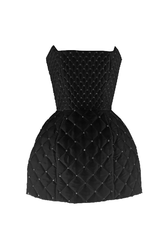 QUILTED MINI DRESS IN BLACK Cozy A-Line Mini Dress
