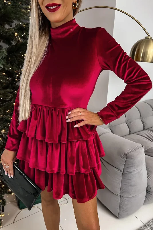Racing Red Velvet High Neck Tiered Ruffle Mini Dress Fashionable Mini Dress with Frills