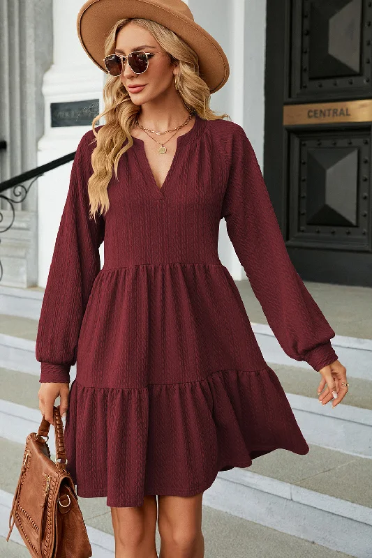 Ruched Notched Long Sleeve Mini Dress Cozy Cotton Mini Dress