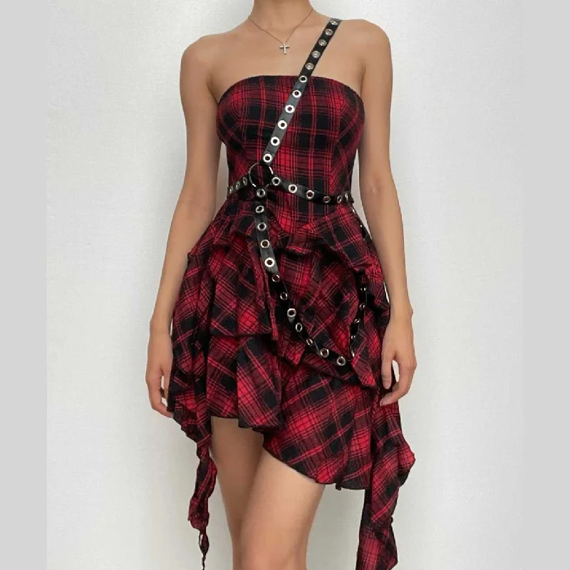 Ruffle plaid zip-up irregular one shoulder backless mini dress | victorian gothic dresses Stylish Short-Sleeve Mini Dress Ruffle plaid zip-up irregular one shoulder backless mini dress | victorian gothic dresses Stylish Short-Sleeve Mini Dress