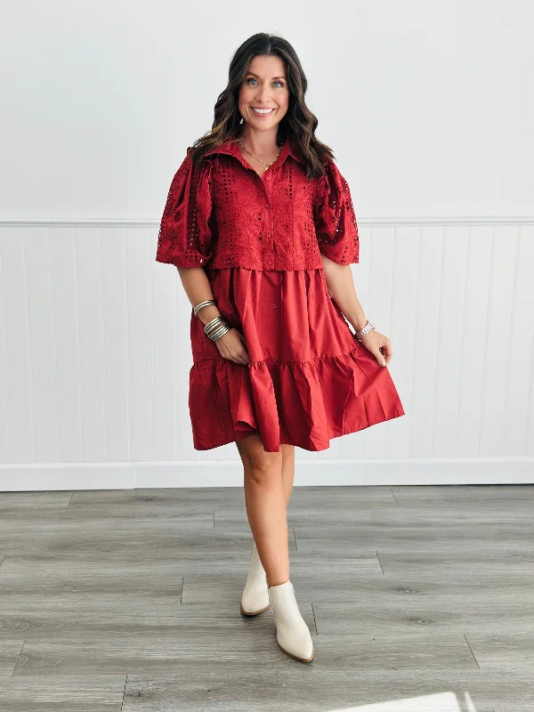 Rust Lace Twofer Mini Dress (Reg) Trendy Wraparound Mini Dress