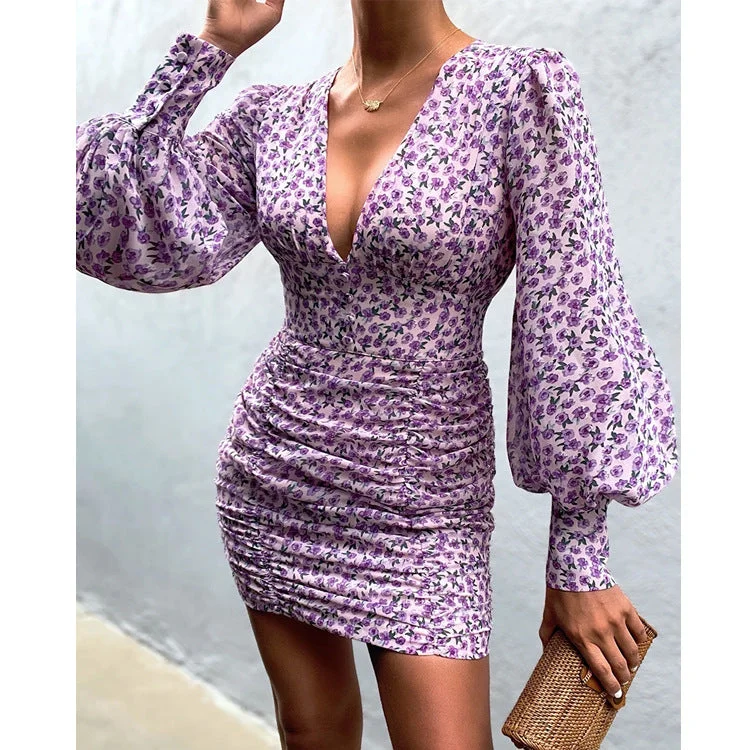 Sexy Floral Print Women Mini Dresses Comfortable One-Shoulder Mini Dress