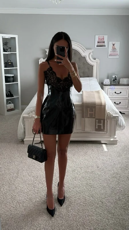 SHELBY BLACK VEGAN LEATHER LACE MINI DRESS Fashionable A-Line Mini Dress
