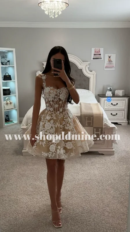 WHITE-NUDE SHORT SEQUIN FLORAL PRINT A LINE MINI DRESS Elegant Lace Mini Dress