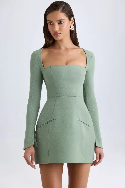 Square-Neck Structured Tulip Mini Dress in Khaki Green Elegant Velvet Mini Dress