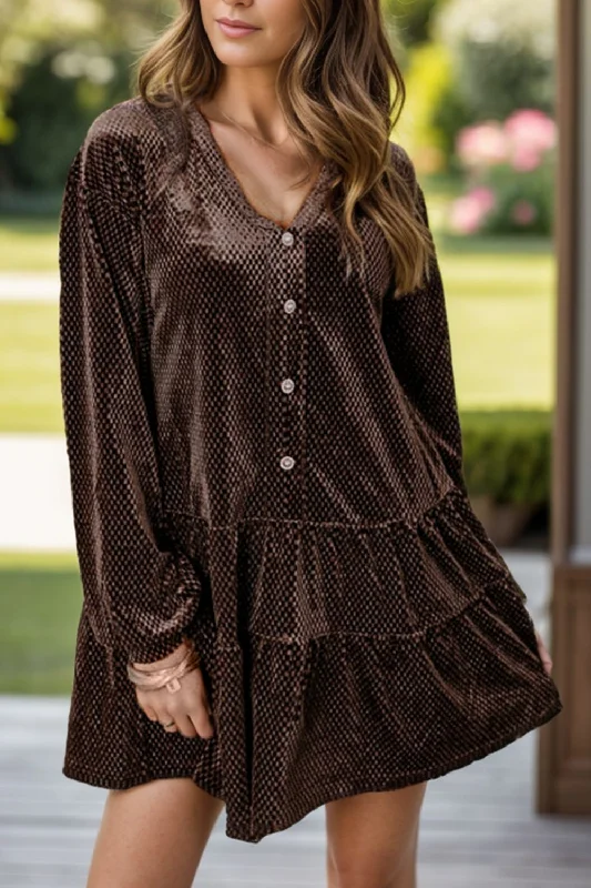 Textured V-Neck Long Sleeve Mini Dress Stylish Floral Print Mini Dress