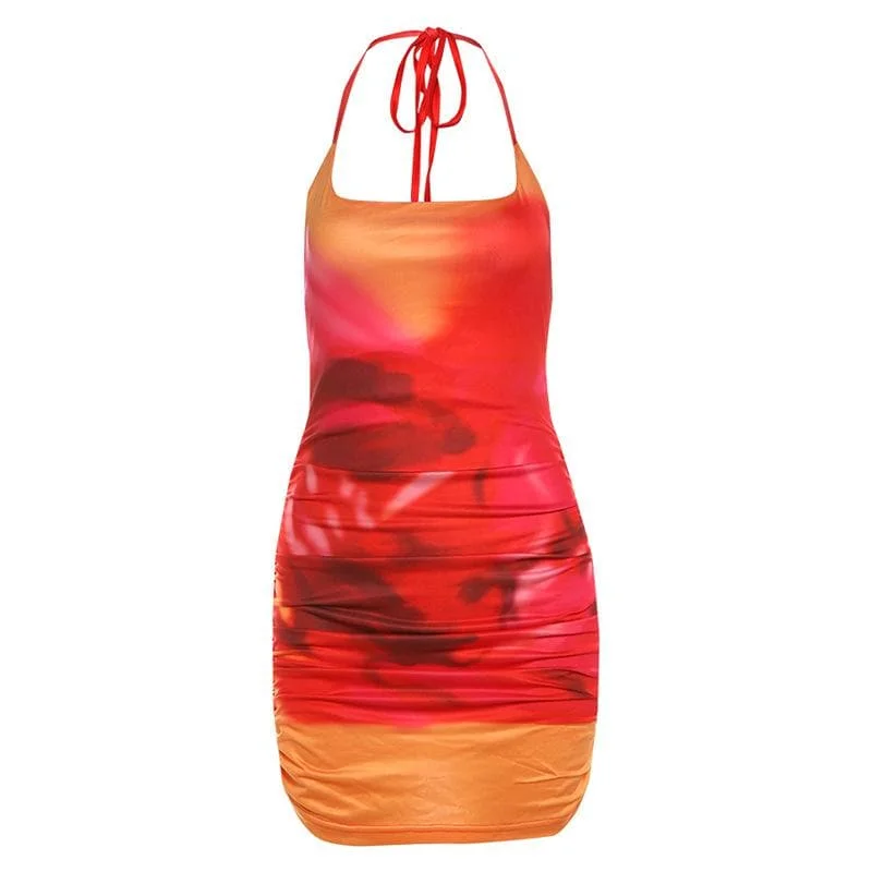 U neck halter tie dye ruched backless mini dress Classic Shift Mini Dress