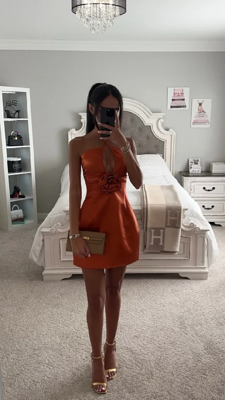 ROSETTE ORANGE HALTER SATIN MINI DRESS Cozy T-Shirt Mini Dress
