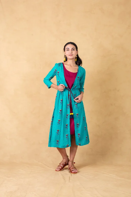 Turquoise Printed Jacket Dress With Tie Ups Snapped Jacket Toggled Jacket Drawstring Jacket Turquoise Printed Jacket Dress With Tie Ups Snapped Jacket Toggled Jacket Drawstring Jacket