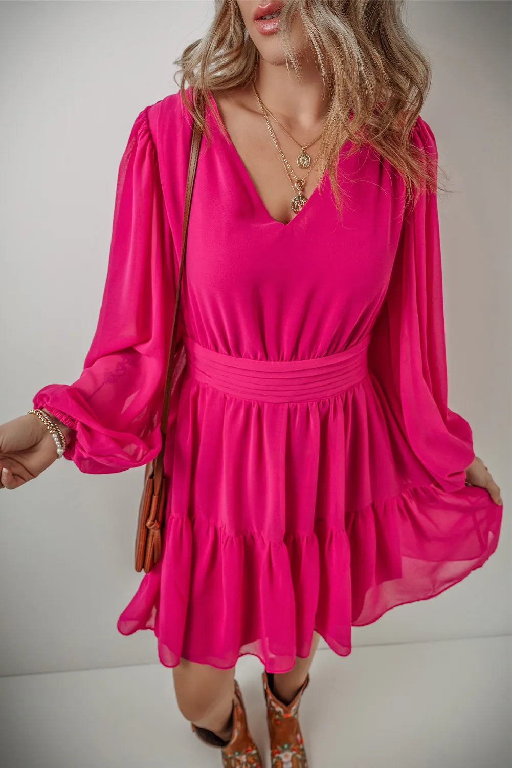 V-Neck Long Sleeve Mini Dress Trendy Bodycon Mini Dress