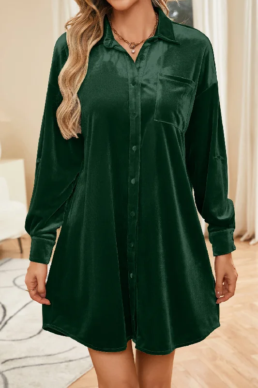 Blue Zone Planet |  Velvet Collared Neck Long Sleeve Mini Dress Comfortable Linen Mini Dress