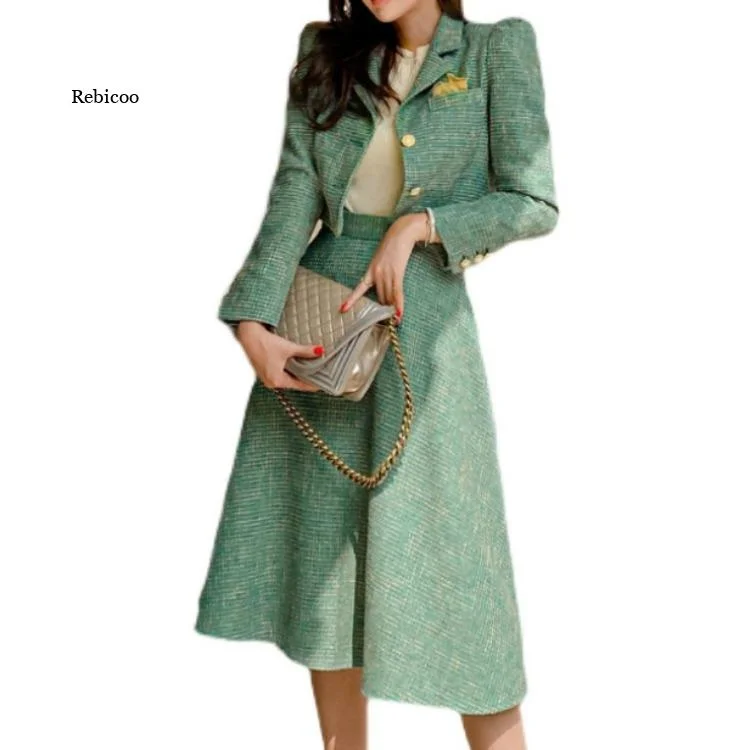 Vintage Ladies 2 Pieces Skirt Suits Short Jackets & High Waist A-Line Midi Skirts 2023 Autumn Winter Elegant Women Suits Collared Jacket Crew Neck Jacket Turtle Neck Jacket