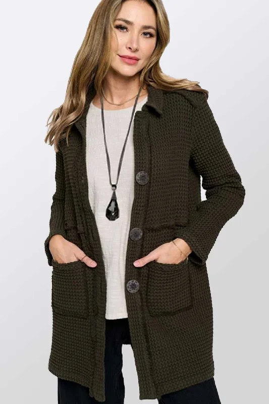 Cotton Waffle Jacket Buttoned-Up A-Line Jacket Boat Neck Shawl Collar
