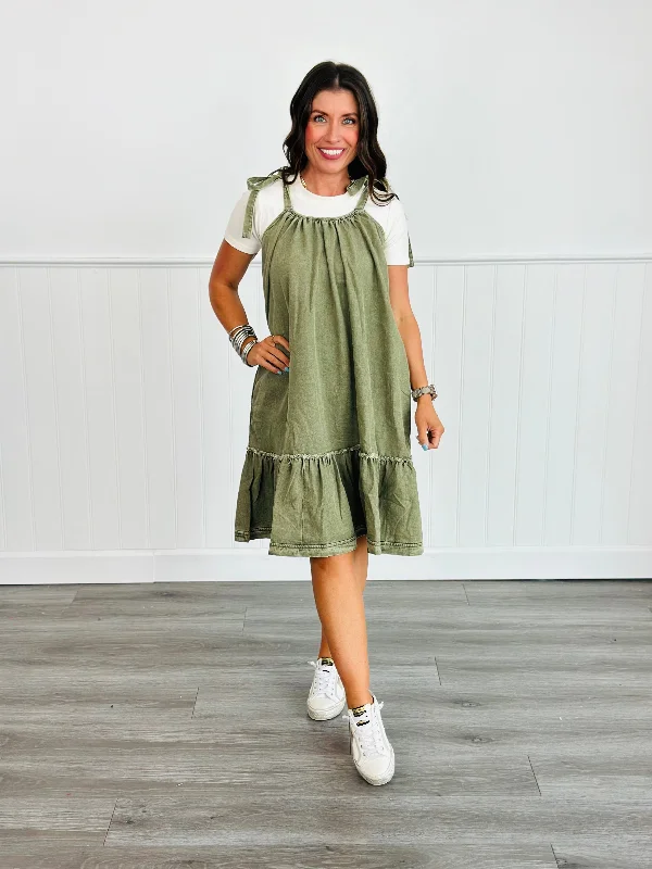 Washed Light Olive Tie Shoulder Mini Dress (Reg. and Plus) Stylish Plaid Mini Dress