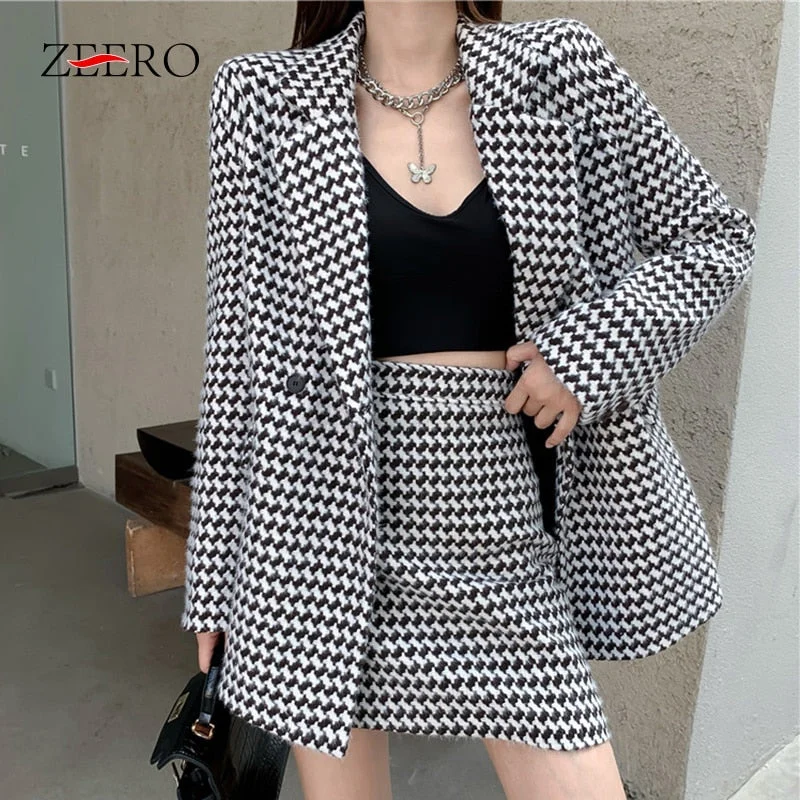 Winter Woman Tweed Two Piece Set Plaid Double Breasted Long Sleeve Belt Midi Blazer Jacket + High Waist Mini Skirt Suit Zip Front Button Front Snap Front