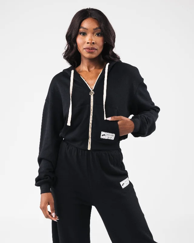 Fleece Zip Jacket - Black Front Pockets Side Pockets Patch Pockets