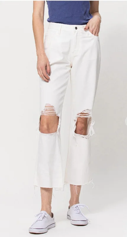 90S Vintage Ankle Straight Jeans In White Chic Rip-Detail High-Waist Jeans