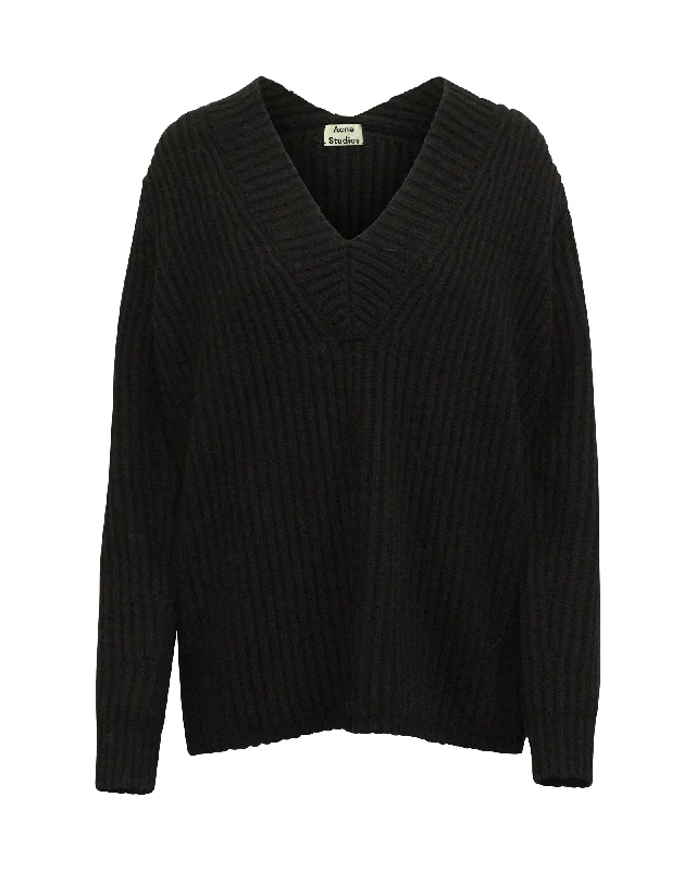 Acne Studios Keborah V-neck Sweater in Black Wool Mesh Fabric Canvas Fabric Denim Fabric