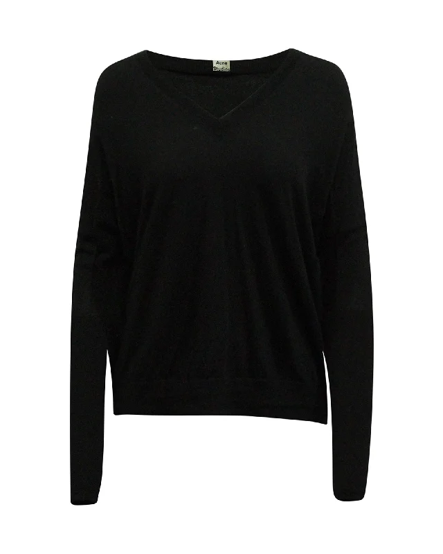 Acne Studios V-neck Sweater in Black Merino Wool Cable Knit Ribbed Knit Lace Knit