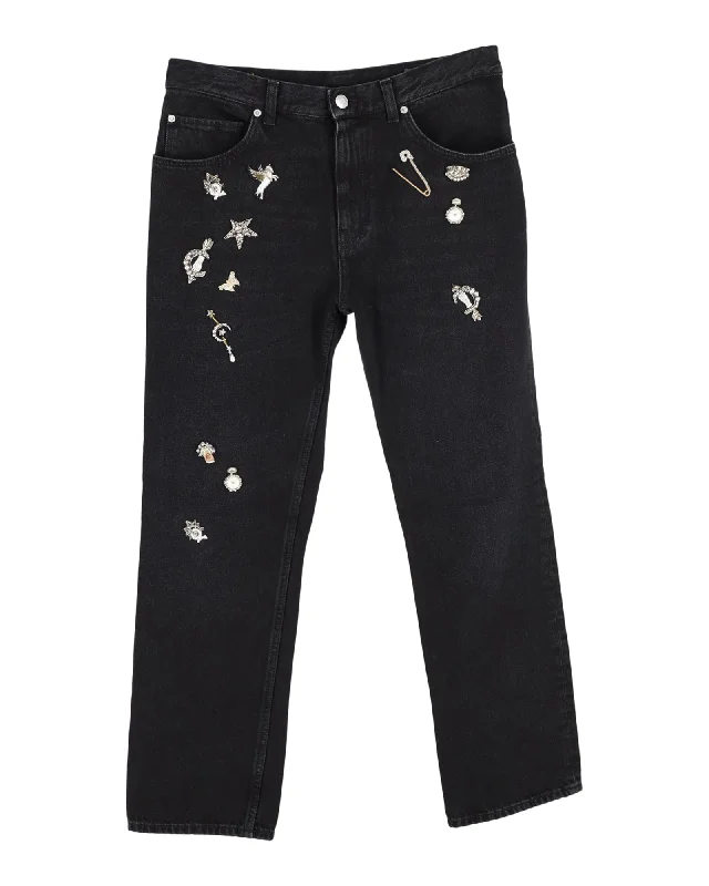 Alexander McQueen Embellished Jeans in Black Cotton Denim Stylish Cargo Style Jeans